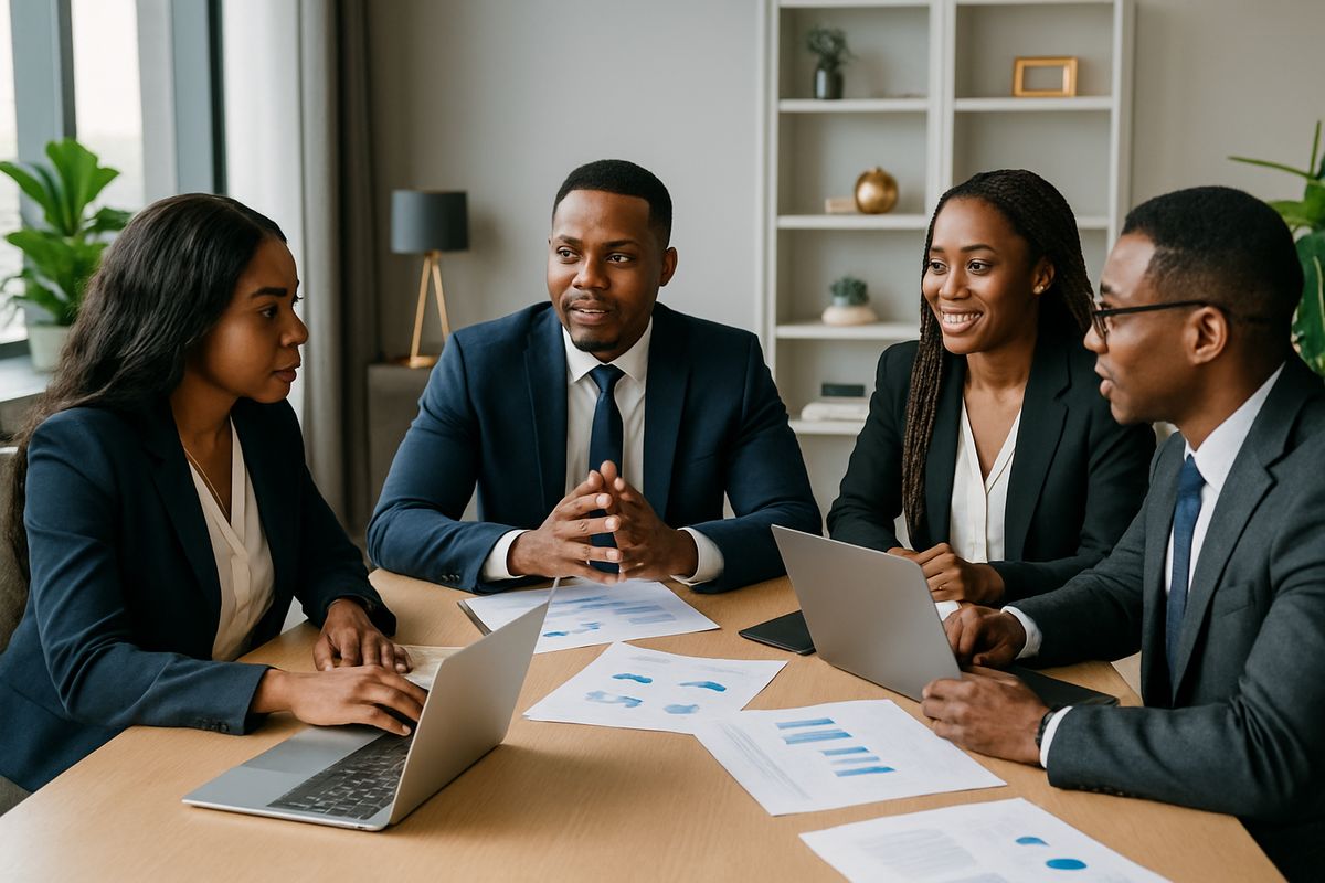 An executive team in discussion around a boardroom table.
