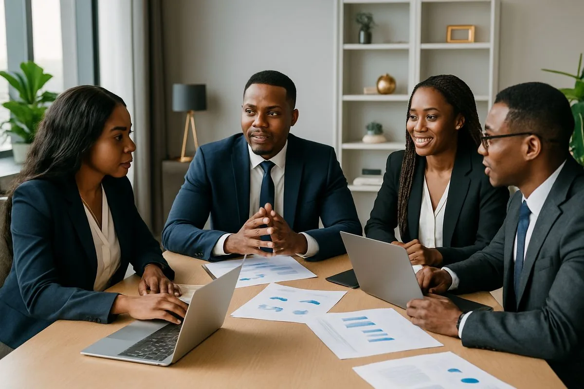 An executive team in discussion around a boardroom table.